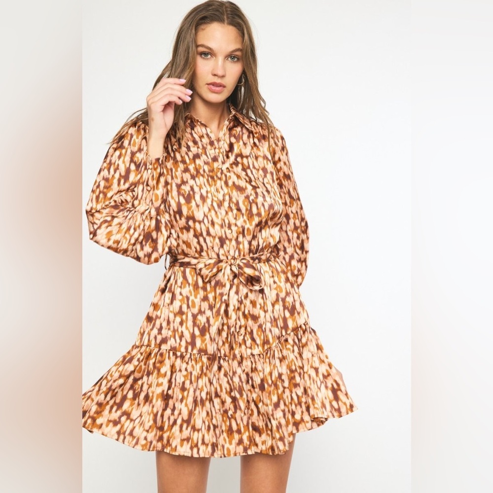 Entro Tan Brown Ruffled Tie Front Dress